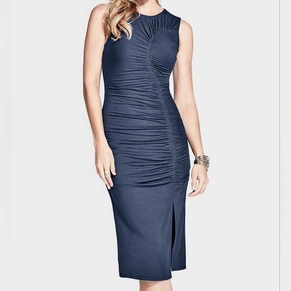 Marciano By Guess, Women's Midnight Blue Ruched Midi Dress, Size L - Picture 5 of 5